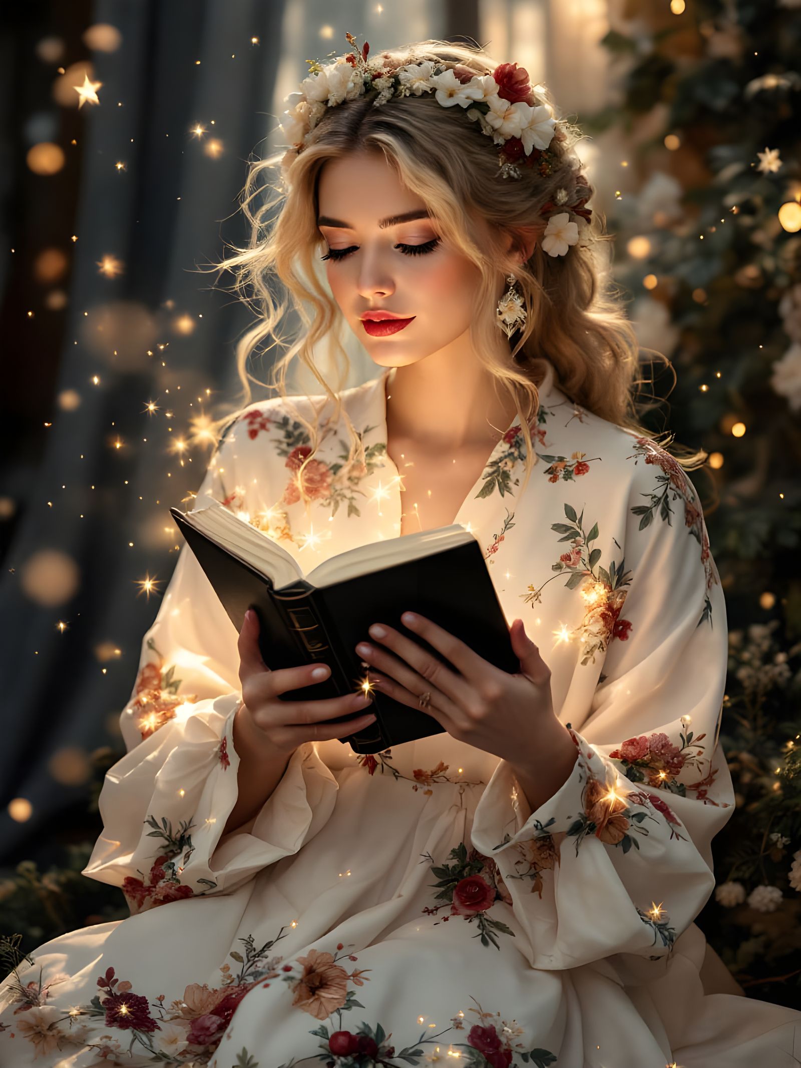 Brunette with Burning Book in Canyon Landscape