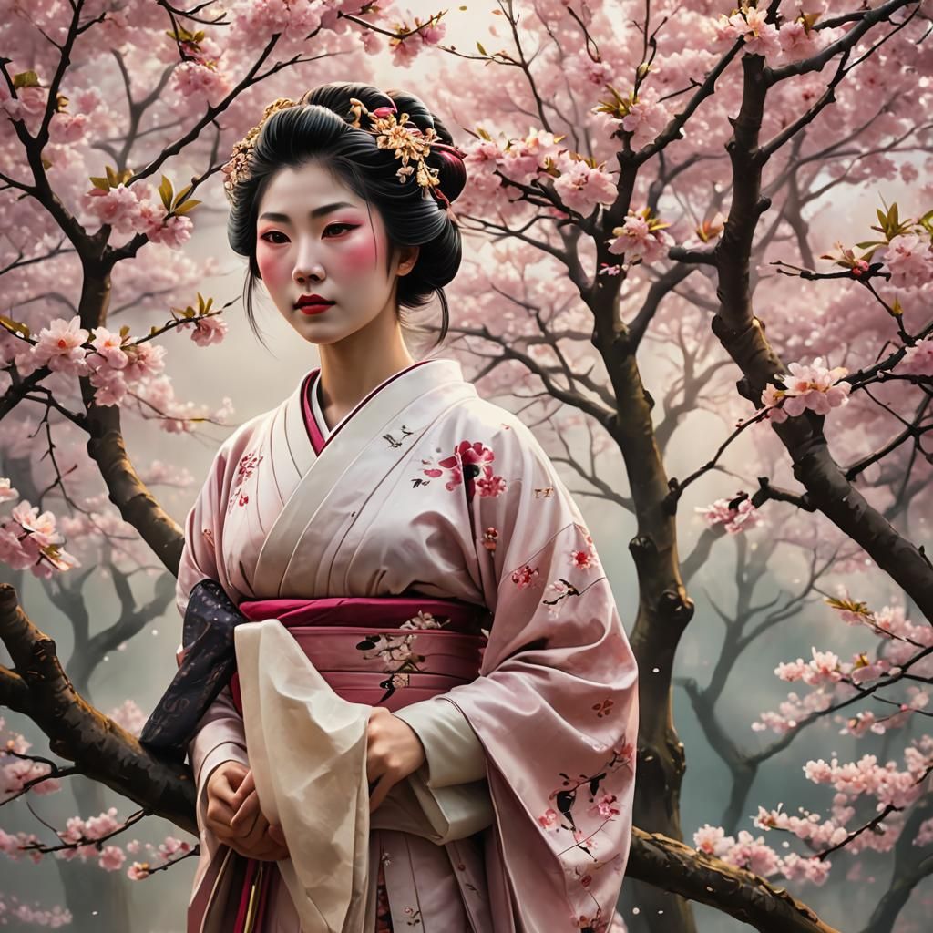 Geisha by Cherry Tree in Ukiyo-e Style