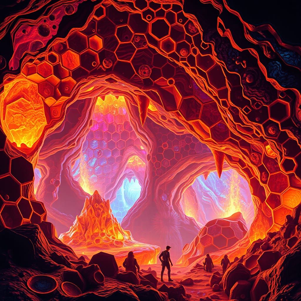Surreal Honeycomb Cave in Iridescent Patterns and Crystallin...
