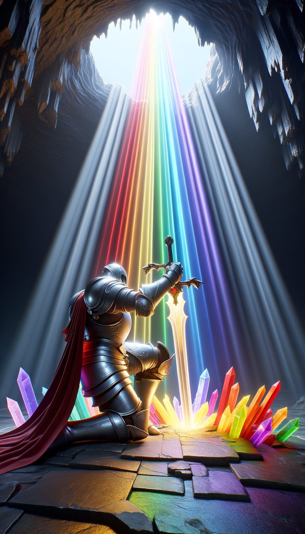 Silver Knight in Crystal Cave with Rainbow Light