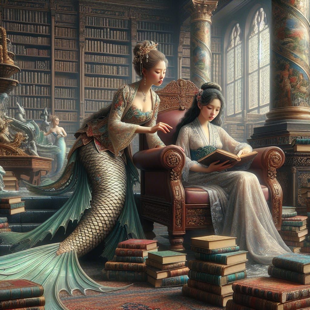 Victorian Woman Teaches Mermaid to Read, Oil Painting
