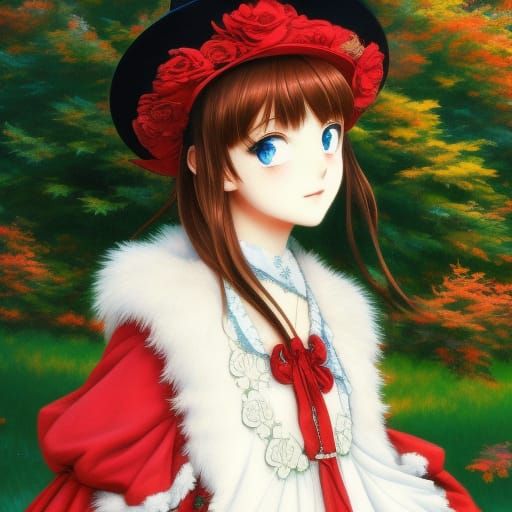 Anime Girl in Red Dress, Forest Portrait