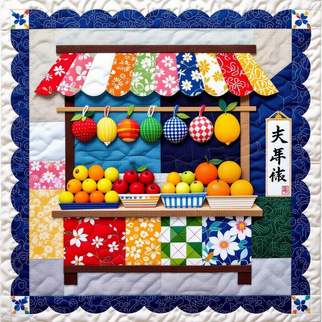 Japanese Fruit Stand Quilted Patchwork Masterpiece