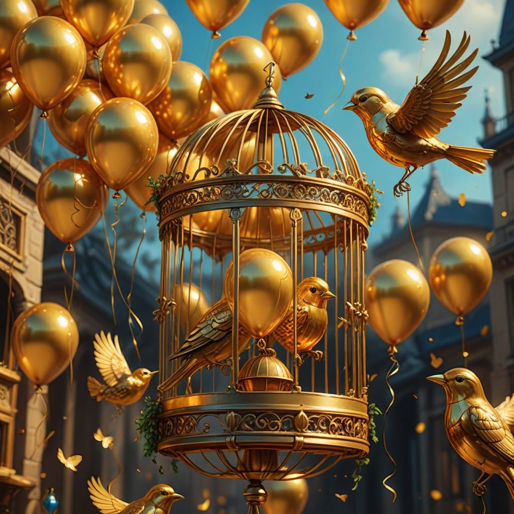 Golden Birdcage Balloons: A Fantasy Oil Painting