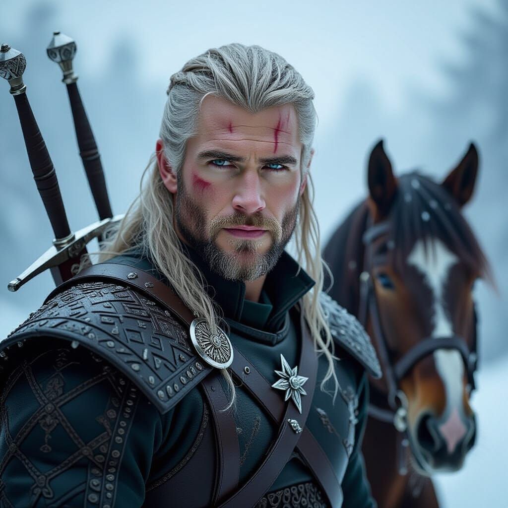 Liam Hemsworth as Geralt in Dark Fantasy Style