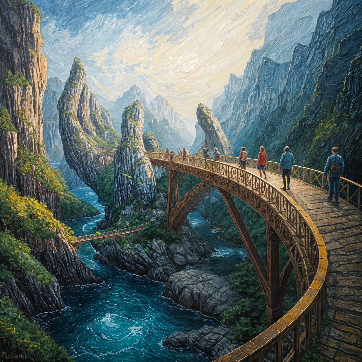 Gouache Impasto Painting of a Fantasy Bridge Supported by Gi...