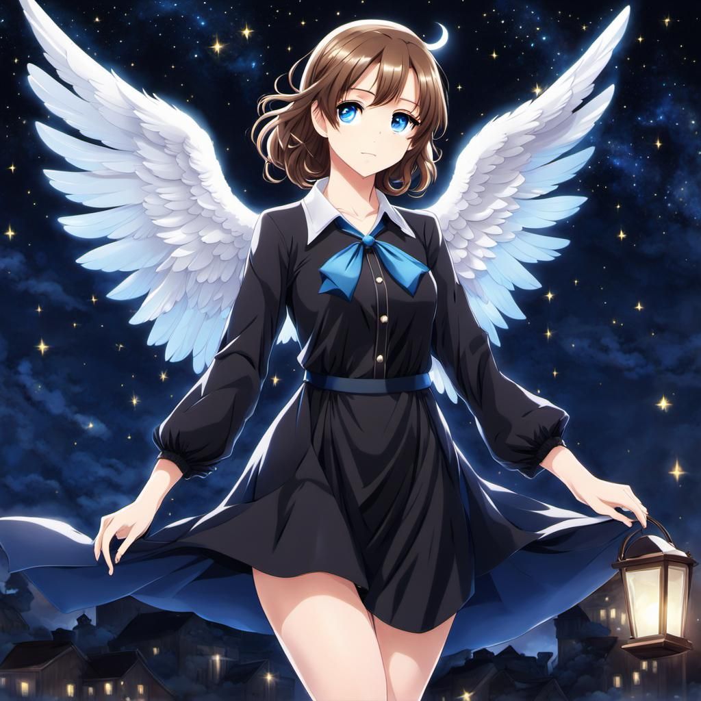 Anime Angel with Starry Night Background