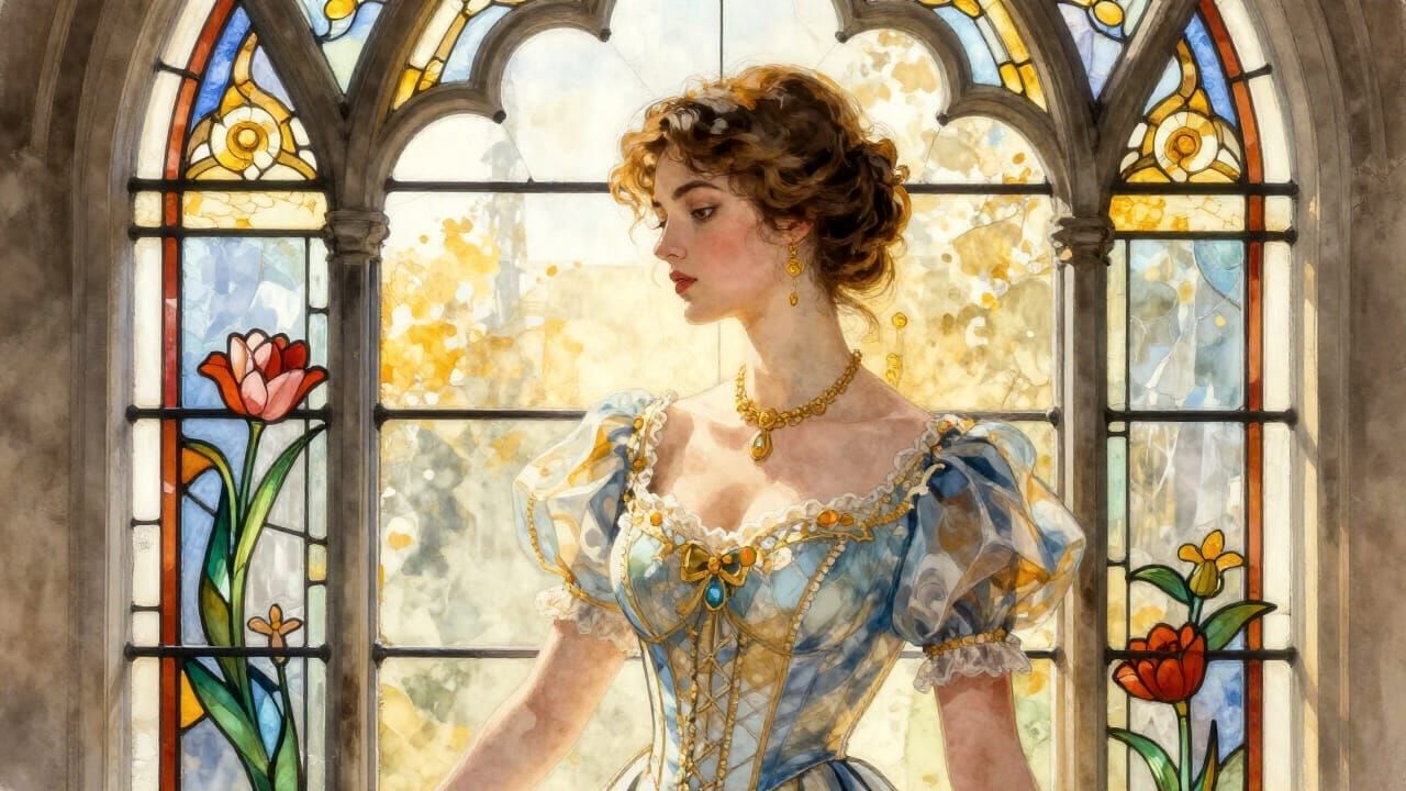 Victorian Woman Portrait with Stained Glass in Watercolor St...