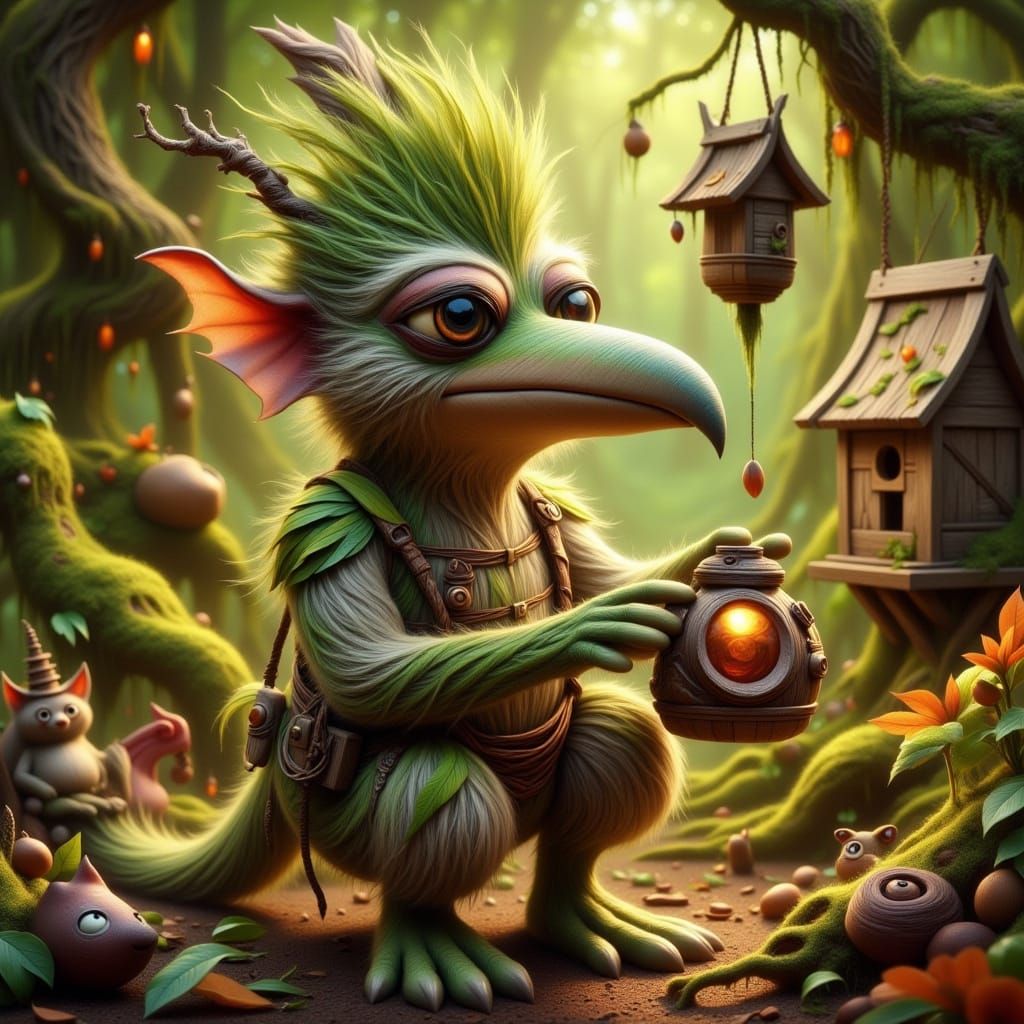 Whimsical Forest Inventor in a Fantastical Workshop