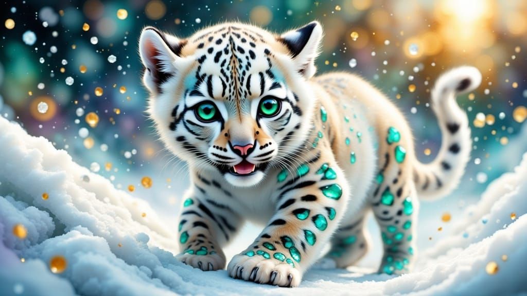 Surreal Snow Leopard Cub in a Whimsical Winter Wonderland