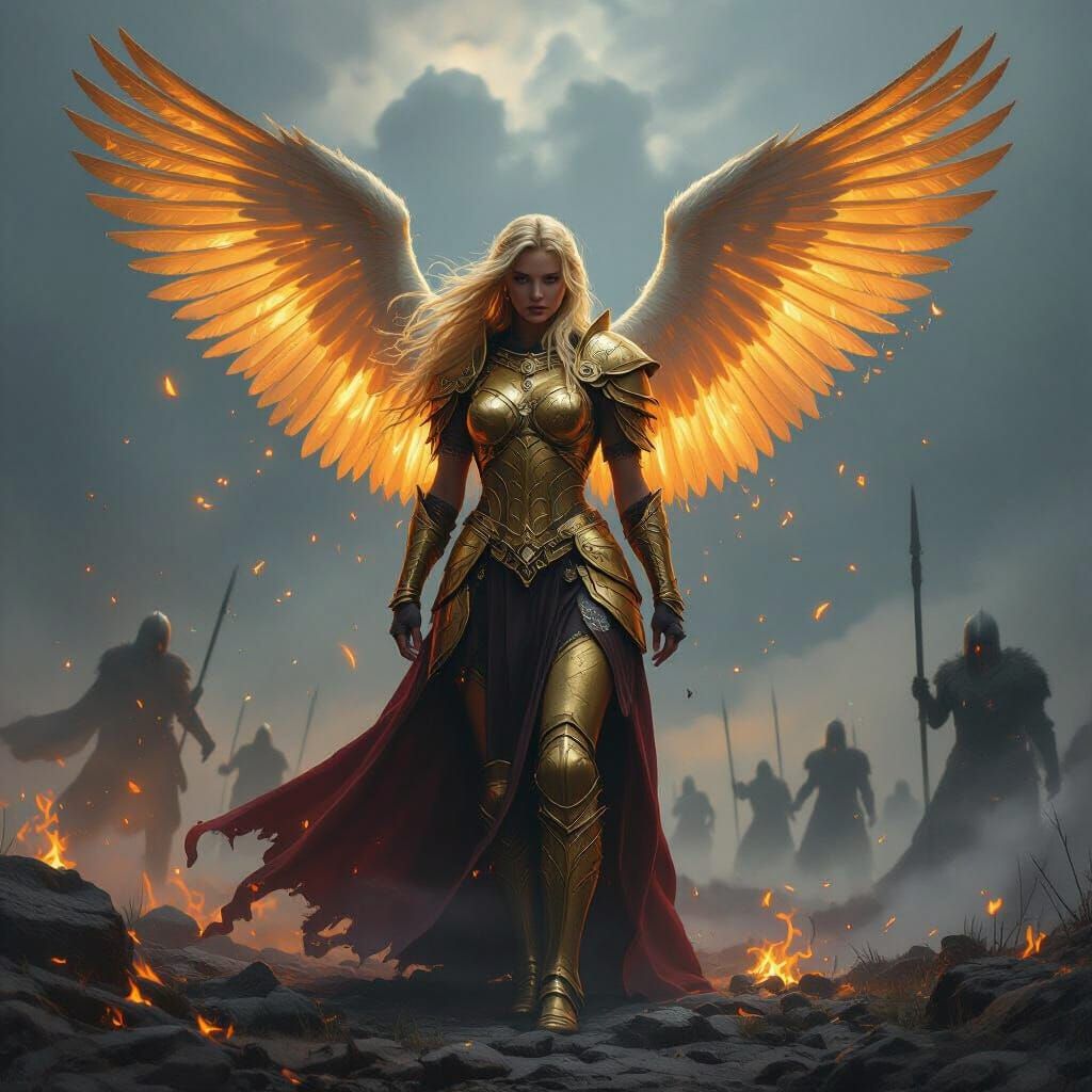 Freyja with Torn Wing Amidst Stormy Sky