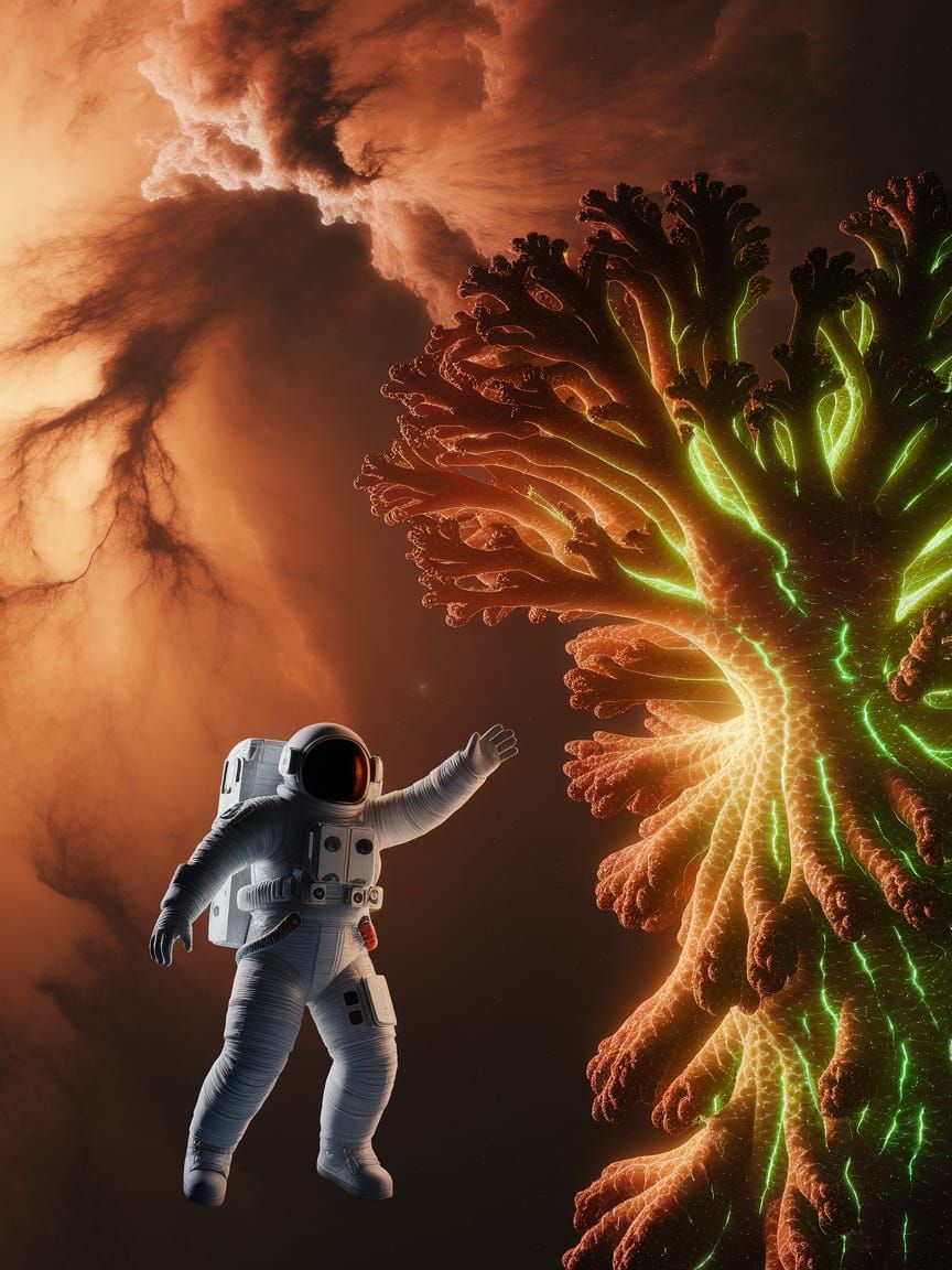 Astronaut Reaches for Bioluminescent Plant in Cosmic Nebula