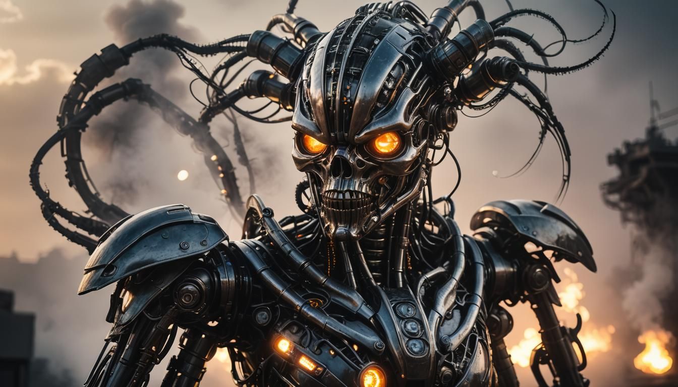 Biomechanical Cyborg Exhaling Smoke in Giger Style