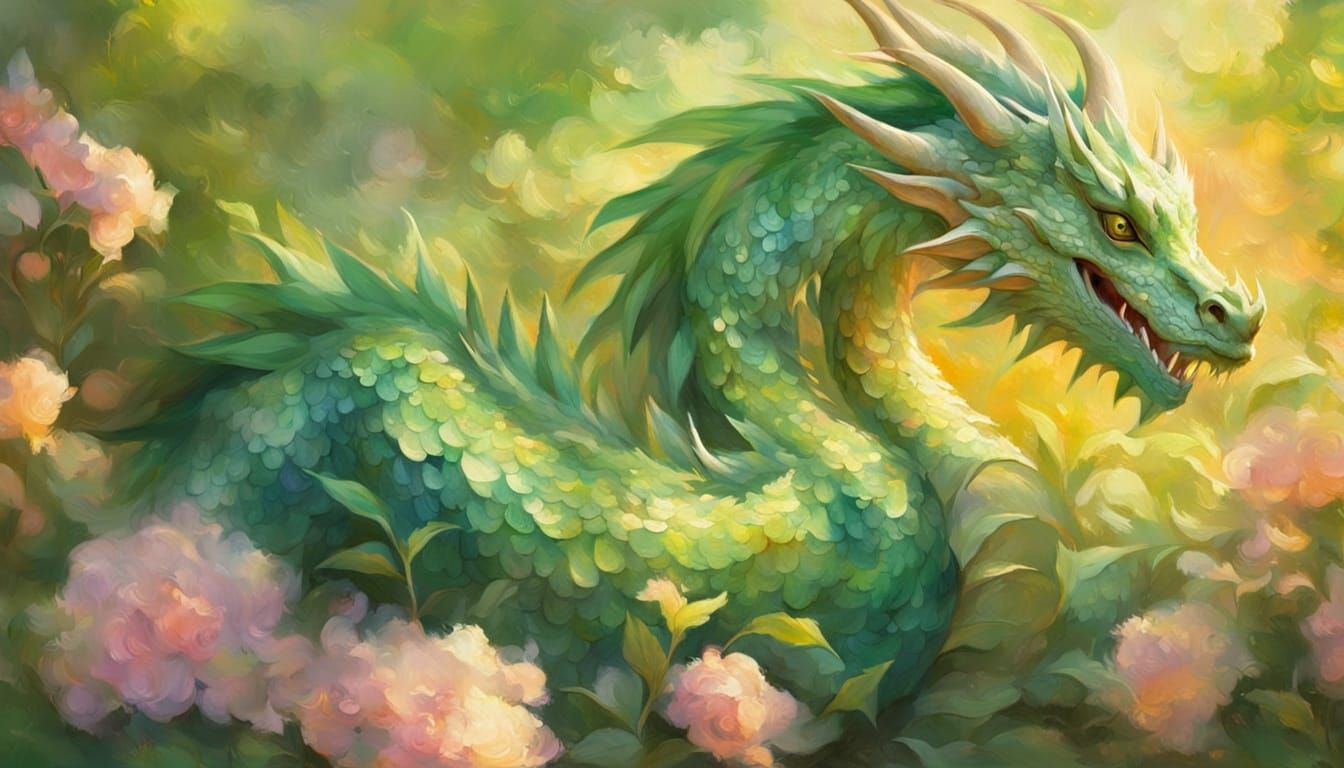 Impressionist Dragon in a Garden Portrait