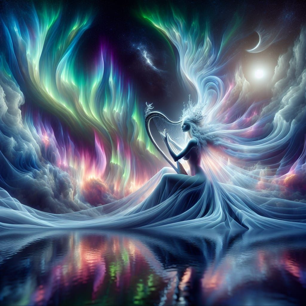 Ethereal Mist Woman Playing Harp Under Aurora