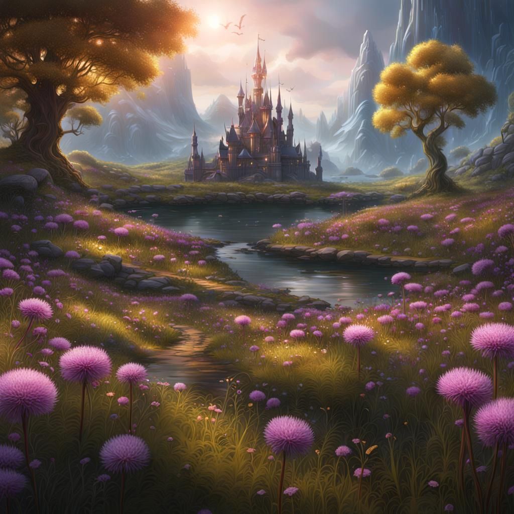 Fantastical Dandelion Meadow in Detailed Matte Painting