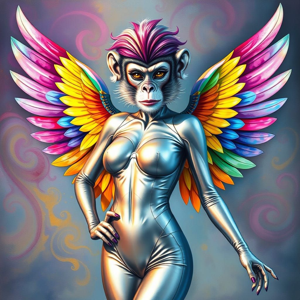 Cyborg Monkey-Woman with Rainbow Wings in Gouache