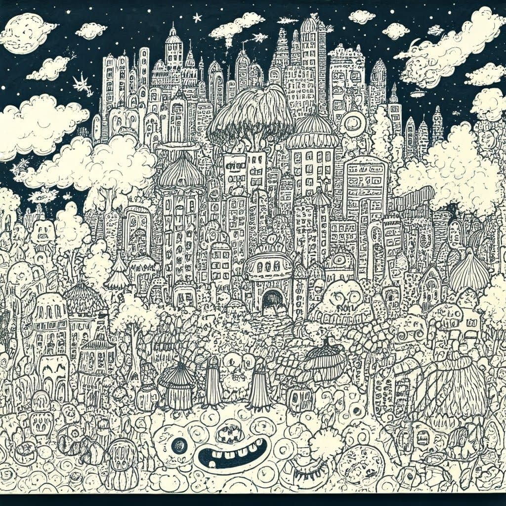 Doodle City on the Moon: Sketchy Fantasy Landscape