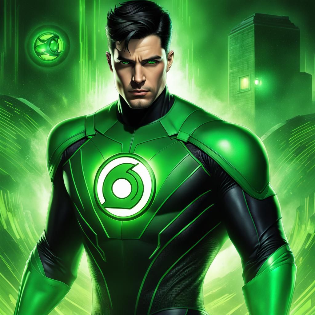 Green Lantern Portrait with Glowing Accents in Digital Art