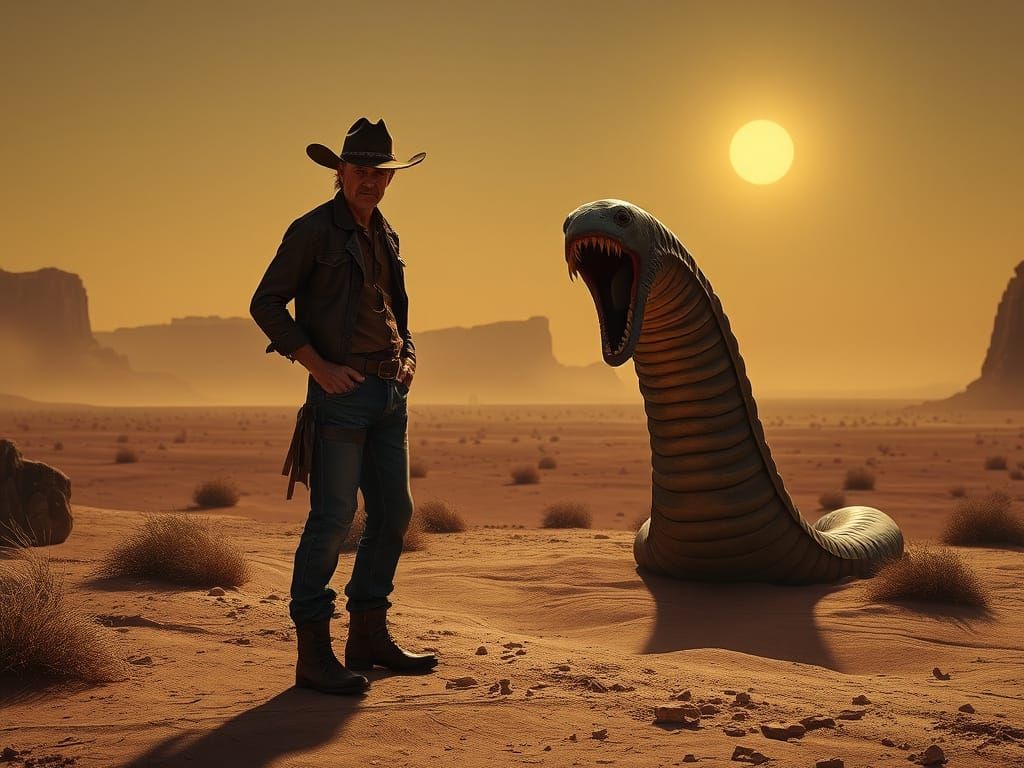 Cowboy and Alien Worm in Retro Sci-Fi Western Style