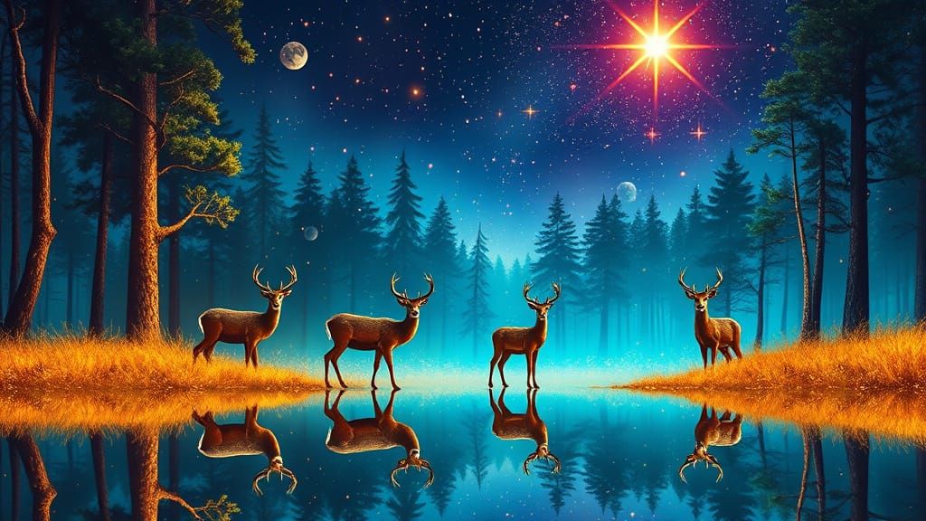 Starlit Deer Reflecting Rainbow Prism: Cosmic Illustration