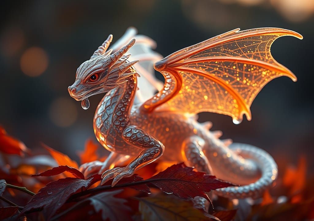 Glass Dragon on Autumn Leaves in Ethereal Light