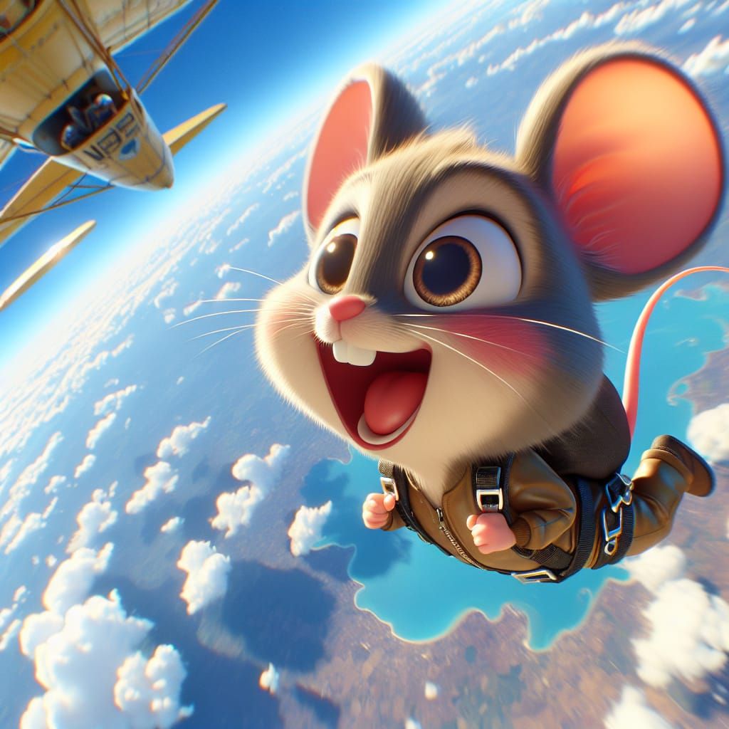 Chibi Mouse Skydiving in Romantic Realism Style