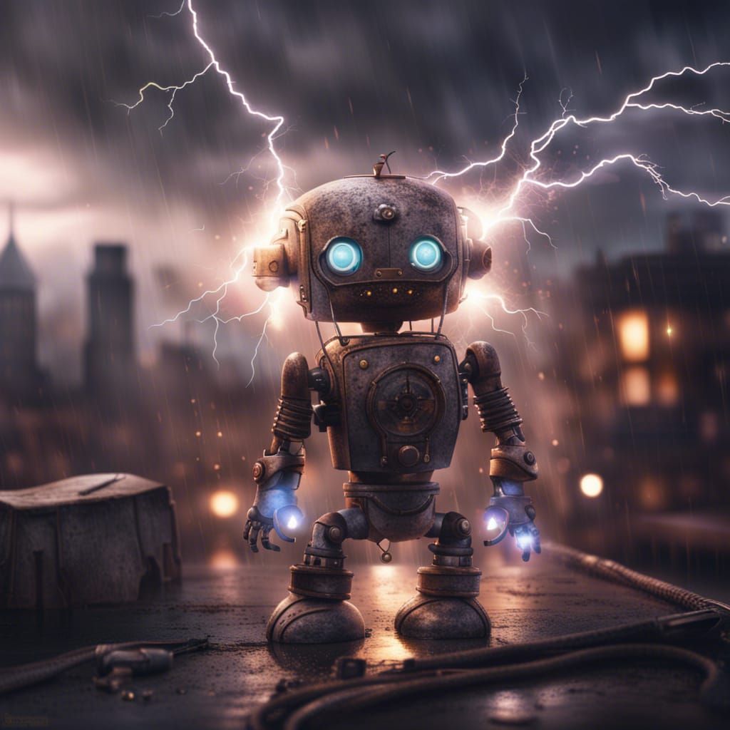 Steampunk Robot Attracting Lightning in a Storm