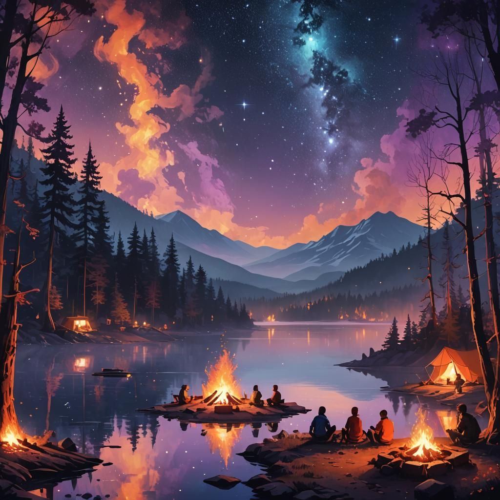 Dreamlike Campfire Scene Under Starry Night Sky