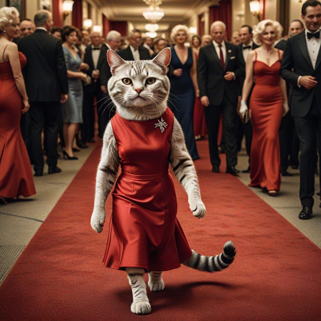 Feline Goddess Struts Down Red Carpet in Elegant Red Gown