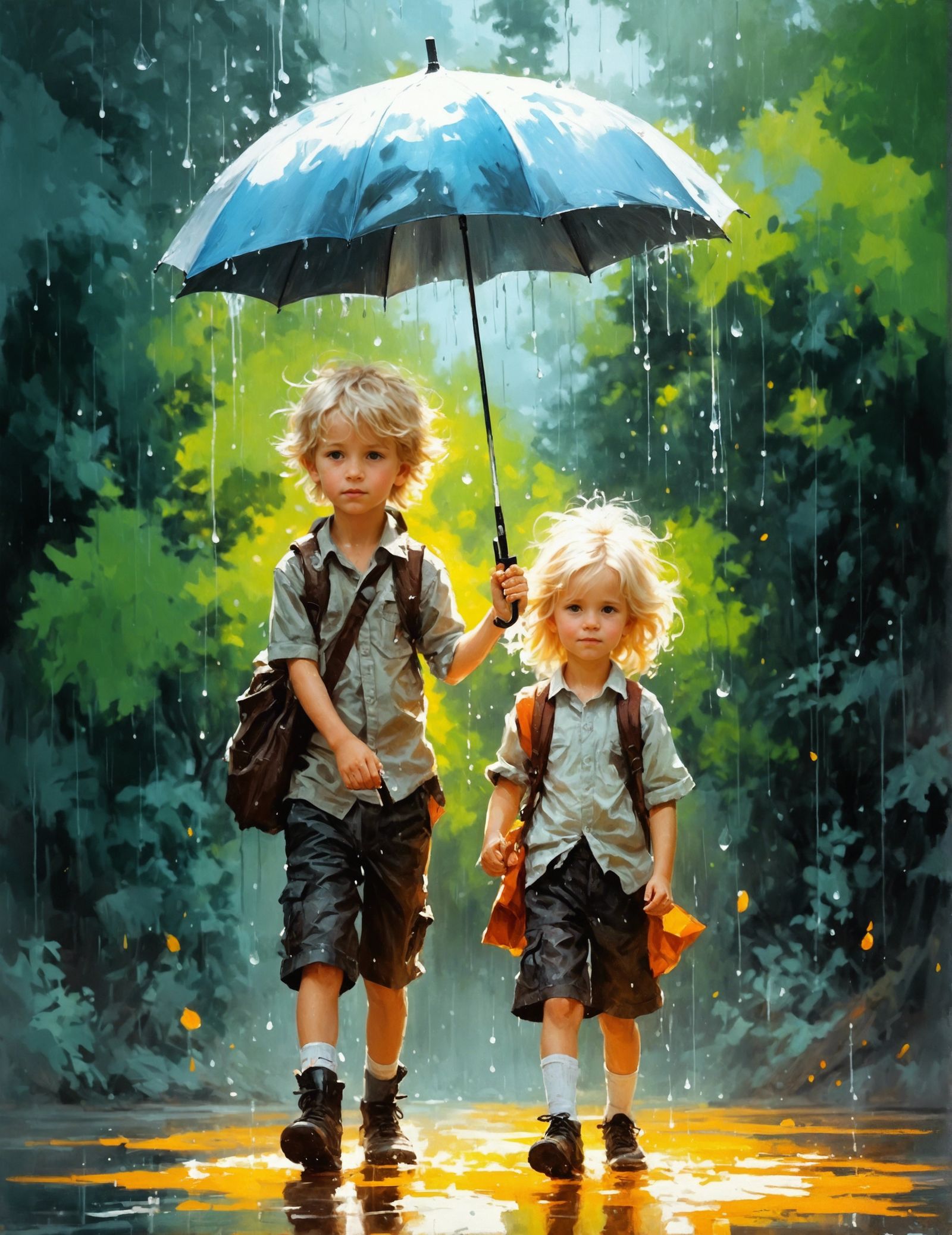 Children in Rainy Sunny Weather: Ink Portrait