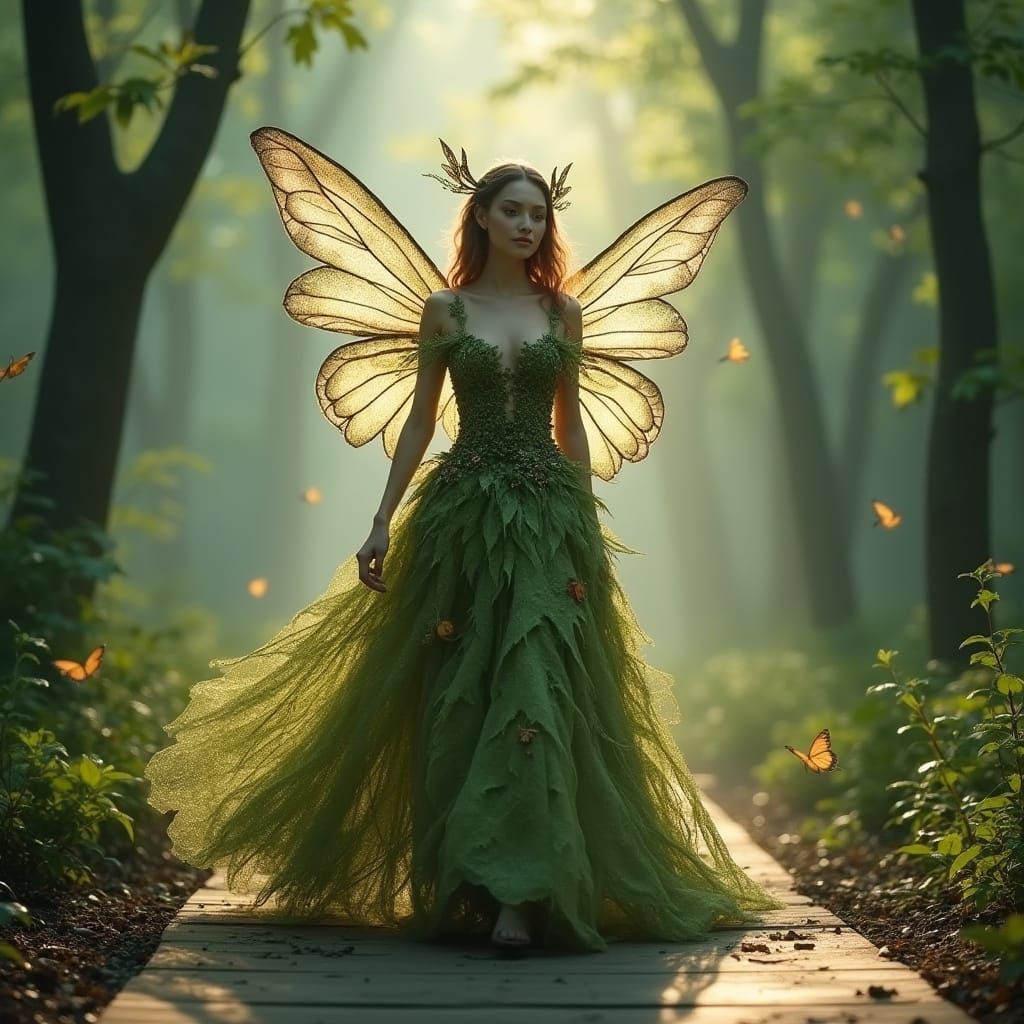 Ethereal Fairy Fashion Model in Whimsical Enchanted Forest