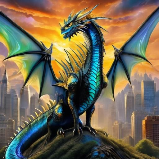 Photorealistic Dragon Perched on Art Deco Skyscraper