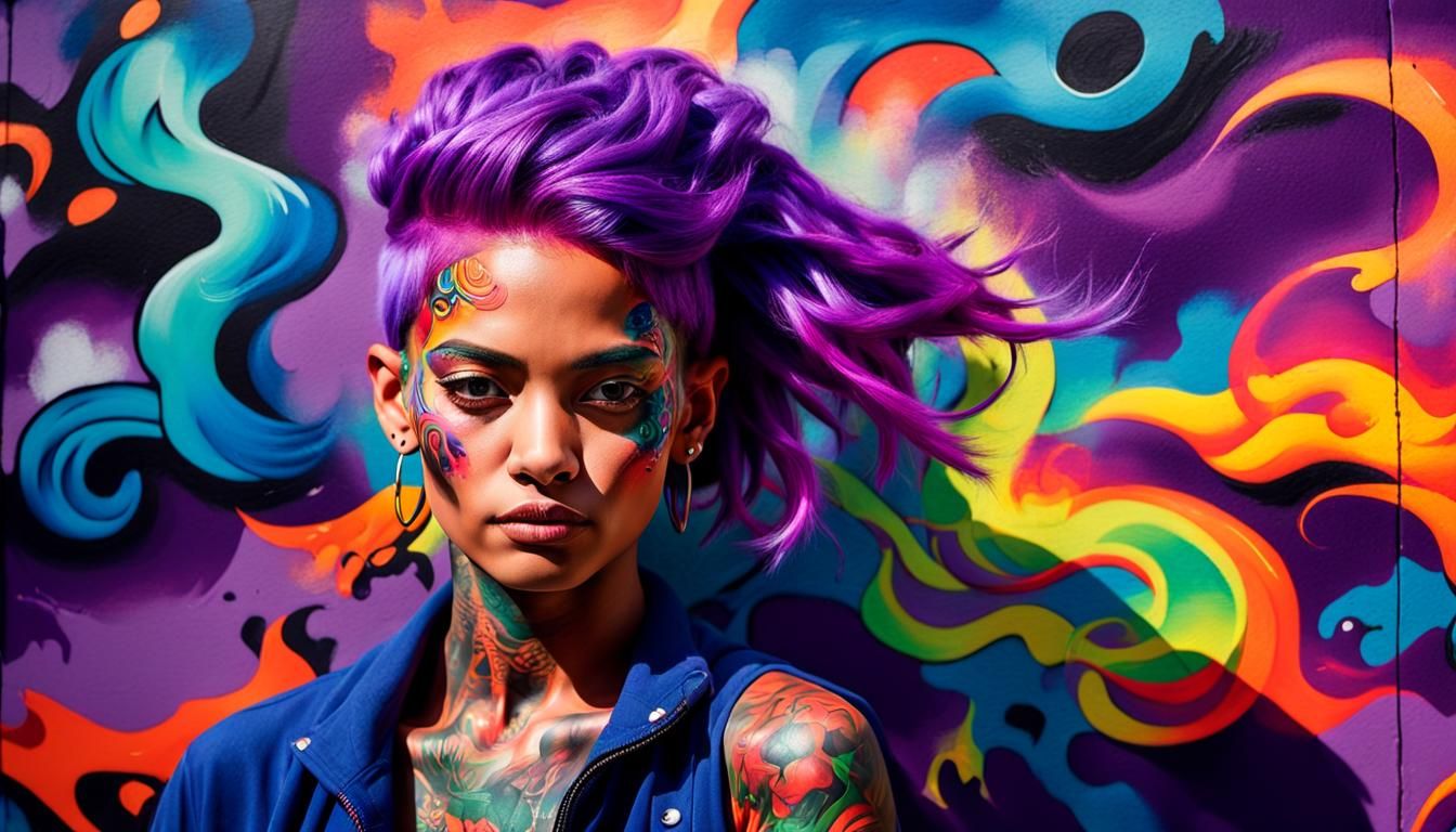 Vibrant Street Art Portrait with Purple Hair