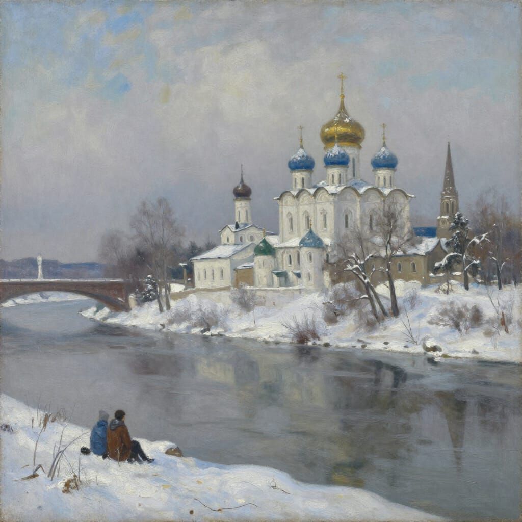 Snow Covered Monastery in Winter Oil Painting