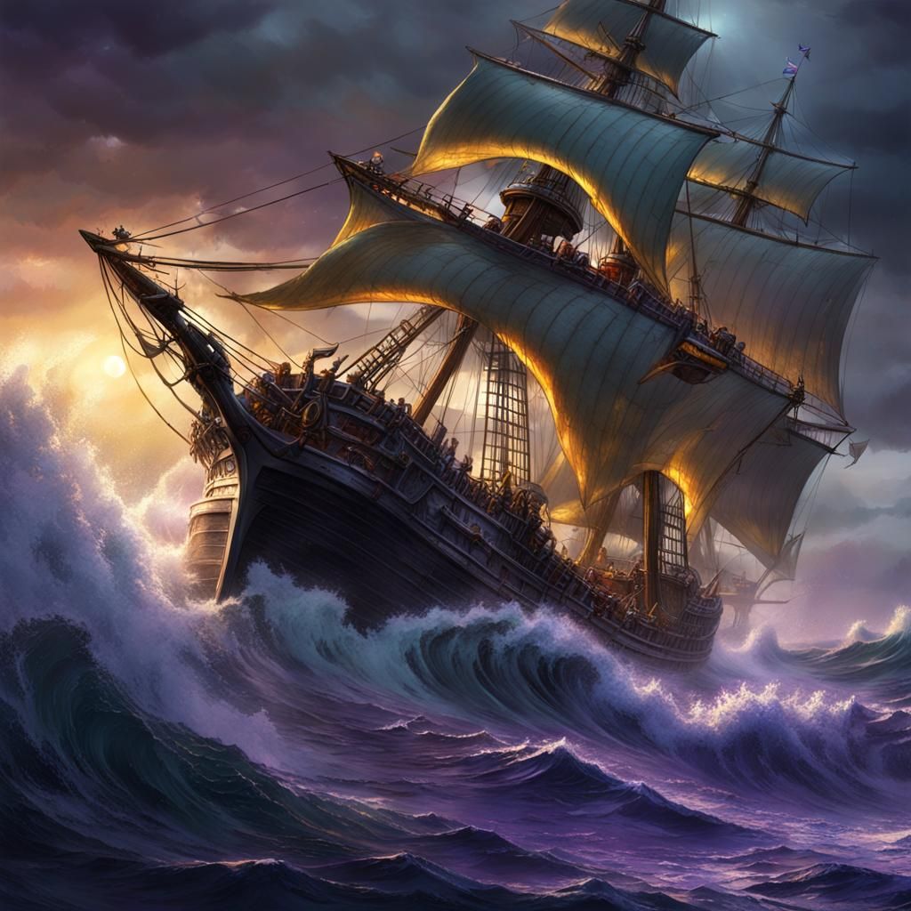 Whaler Ship on Stormy Seas: Dark Fantasy Art