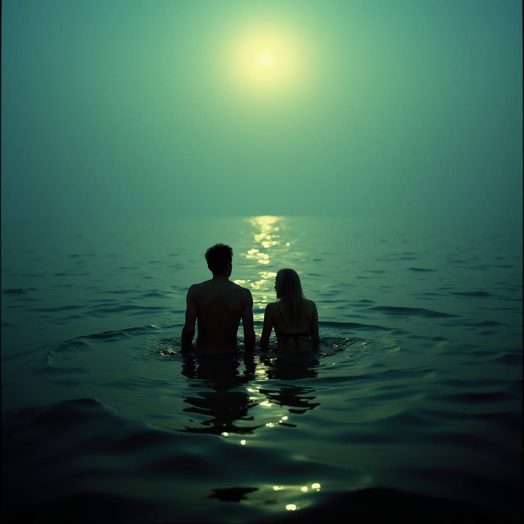 Two Figures Drifting Apart in the Ocean, Cinematic Film Stil...