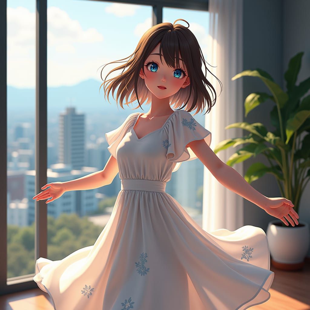 Anime Girl Singing in Modern Cityscape, Digital Art