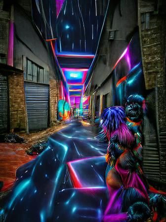 Retrowave glowing neon street alley 80's dance party black lights Nebula in the sky 8k resolution 4D 3D HDR hyperrealism...