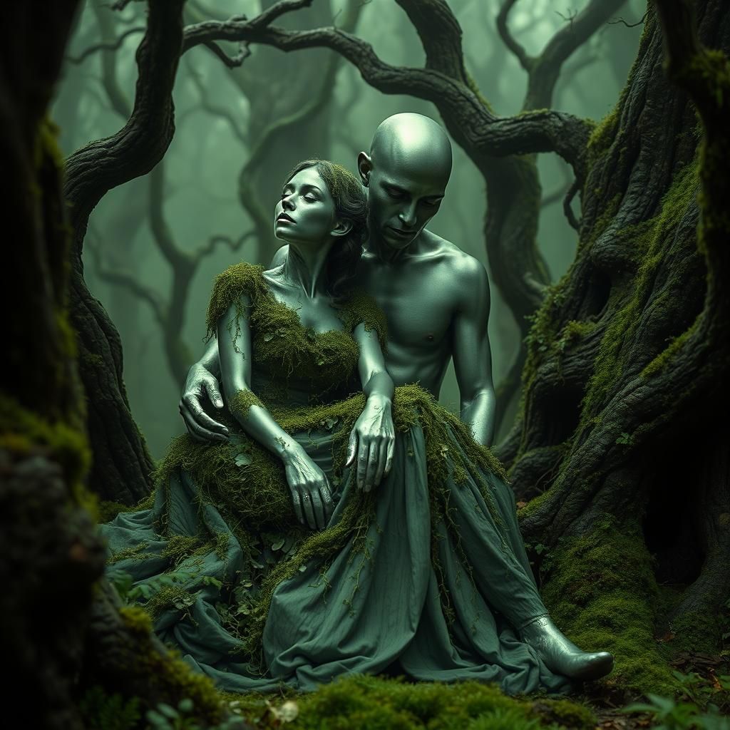 Moss-Covered Figures in Mystical Forest
