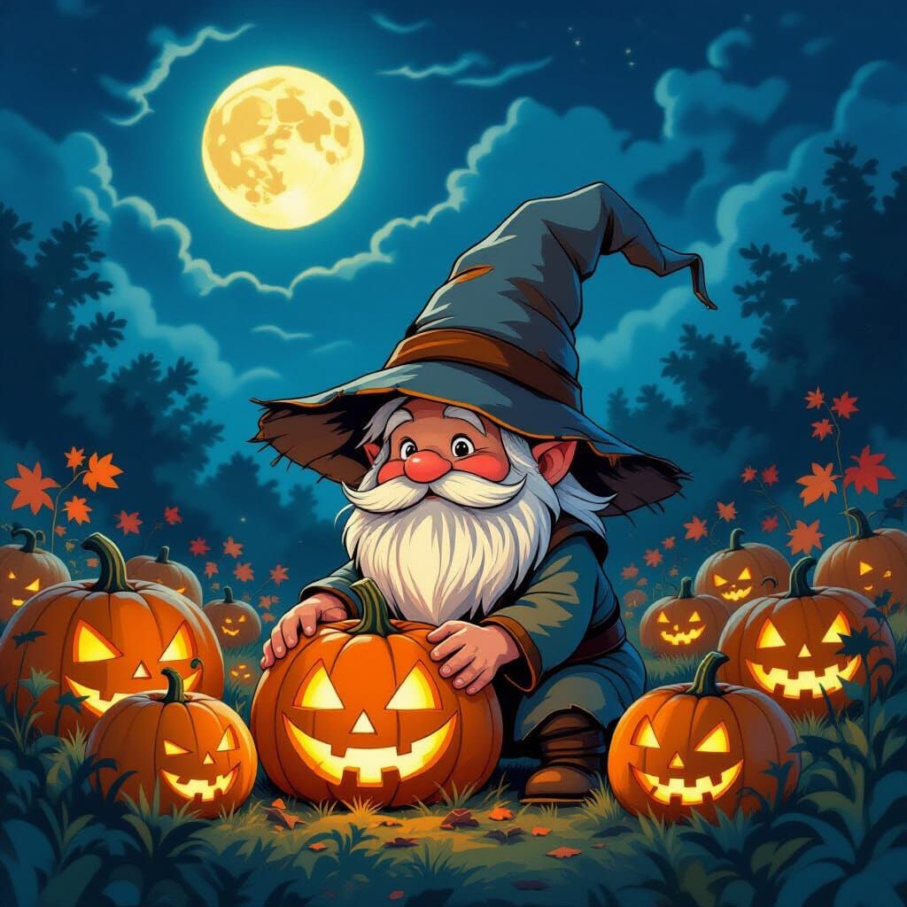 Whimsical Gnome Tending Glowing Pumpkins Under Halloween Moo...