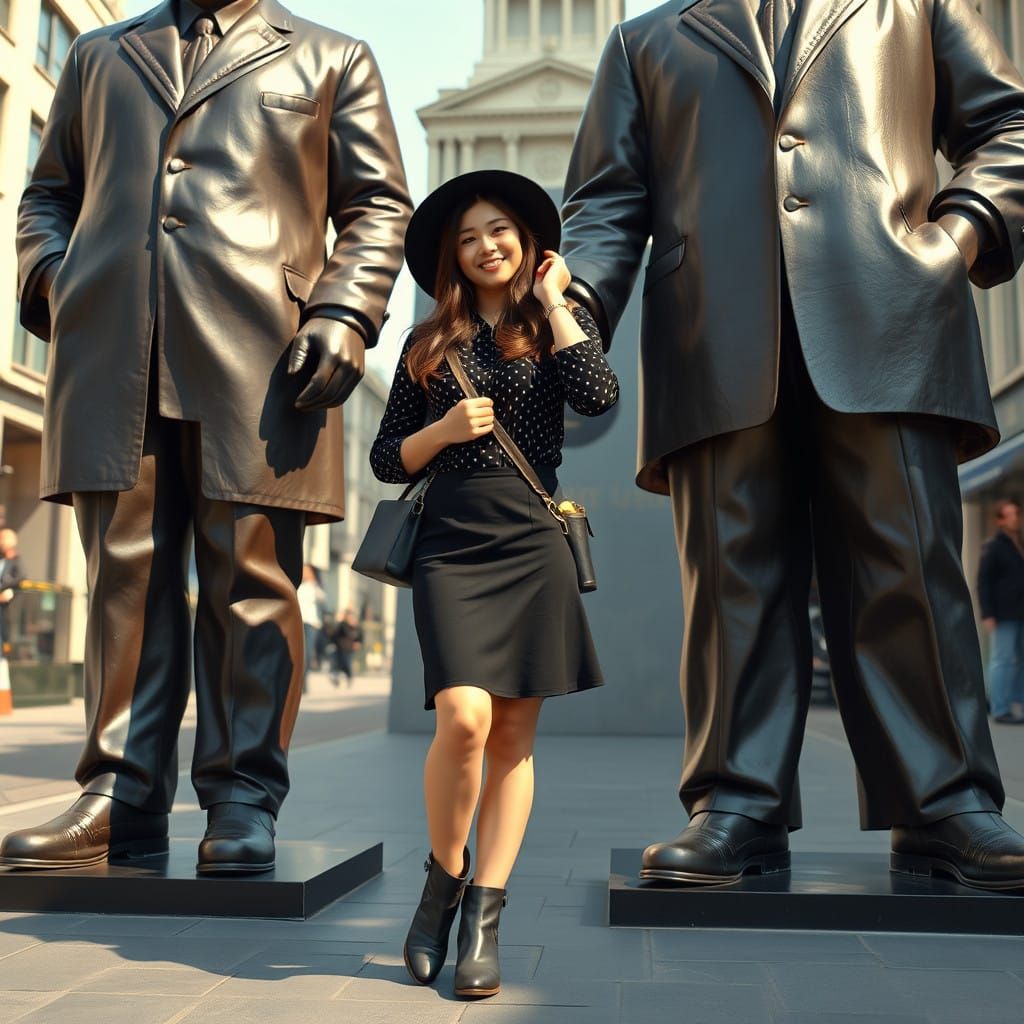 Young Asian Woman Leans into John Lennon's Bronze Statue in...
