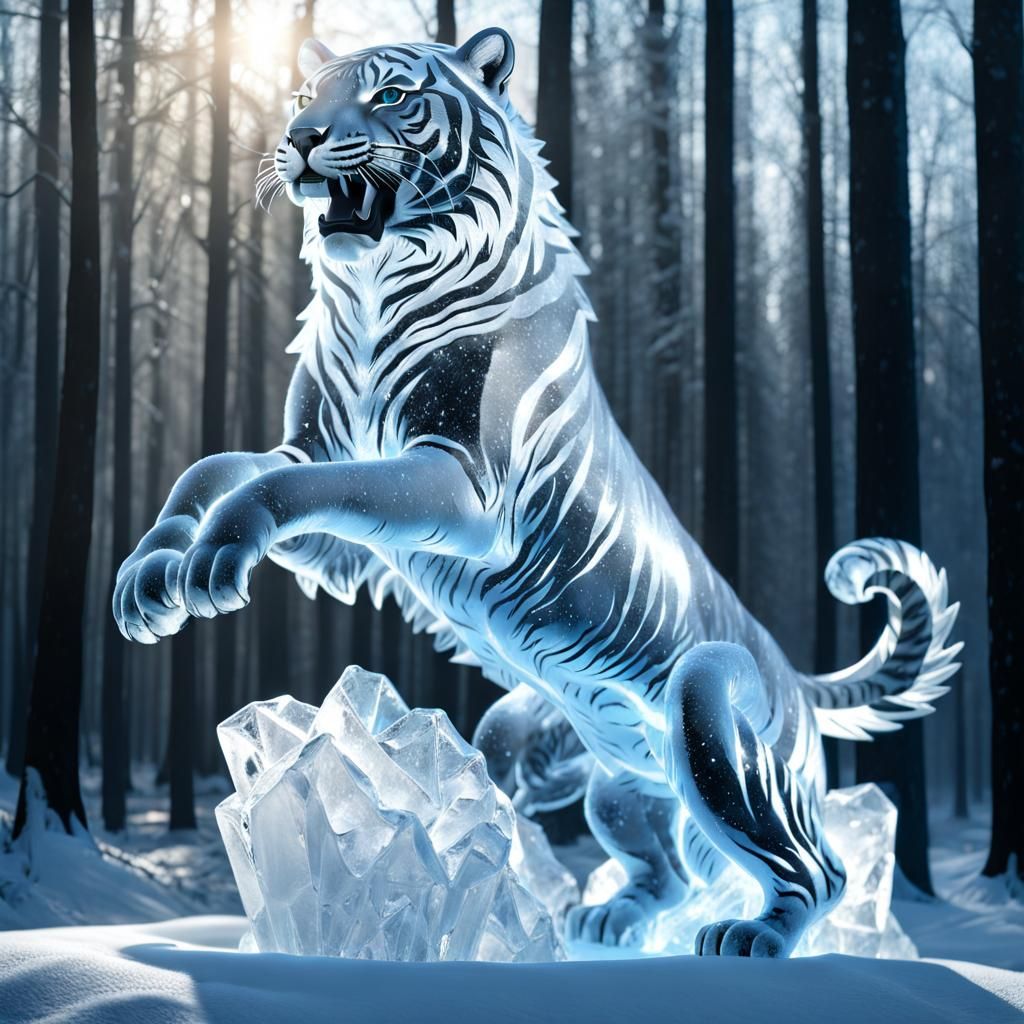 Ice Tiger Sculpture in Winter Forest