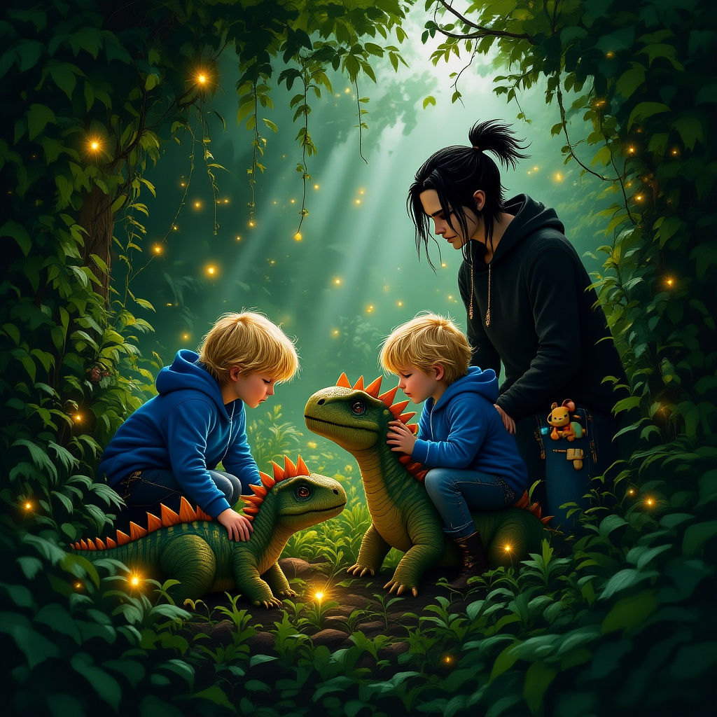 Mystical Garden With Dark Figure and Dinosaur Riders