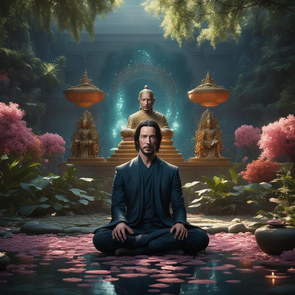 Meditating Buddha in Oniric Garden, Detailed Matte Painting