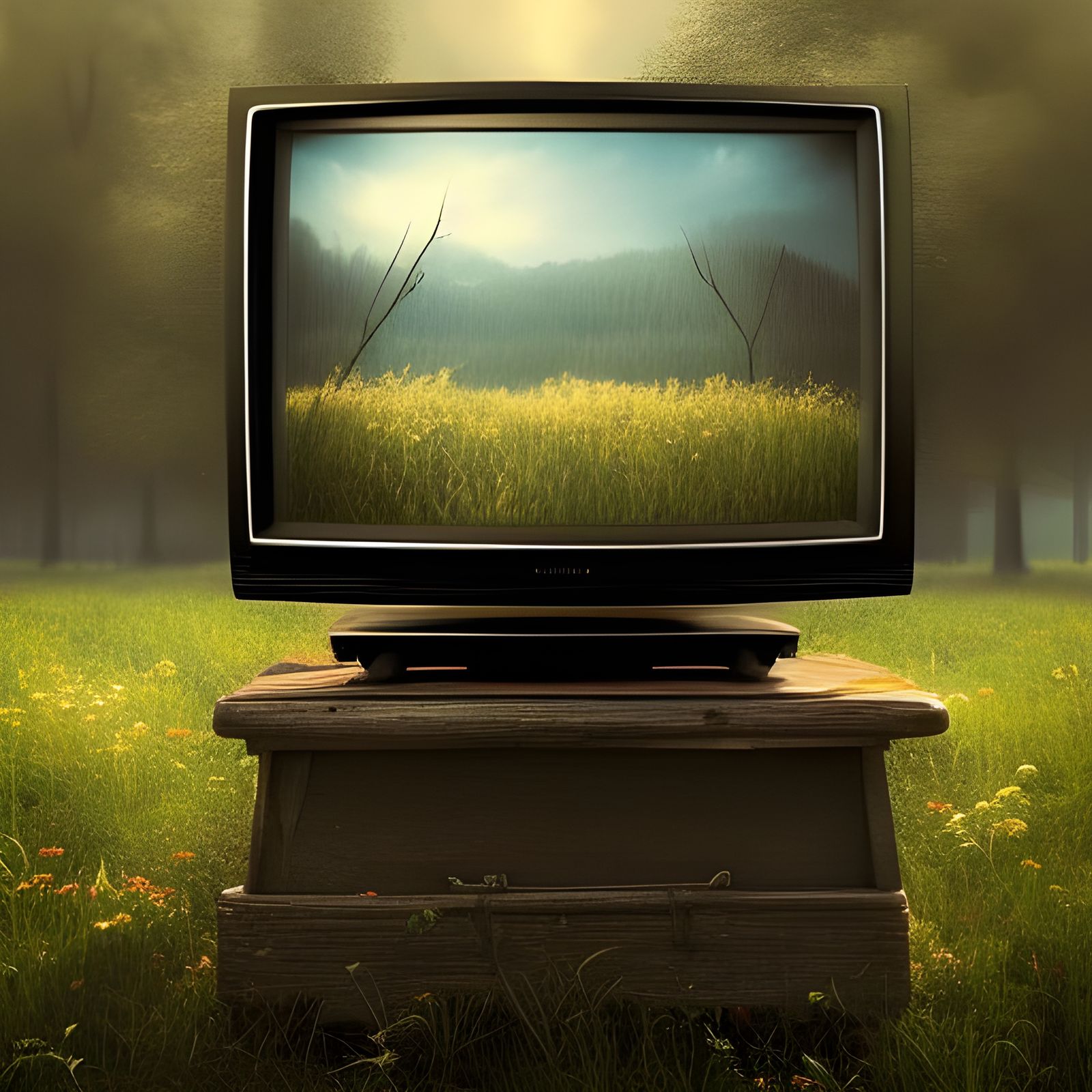 Vintage TV in Hyperrealistic Meadow Landscape