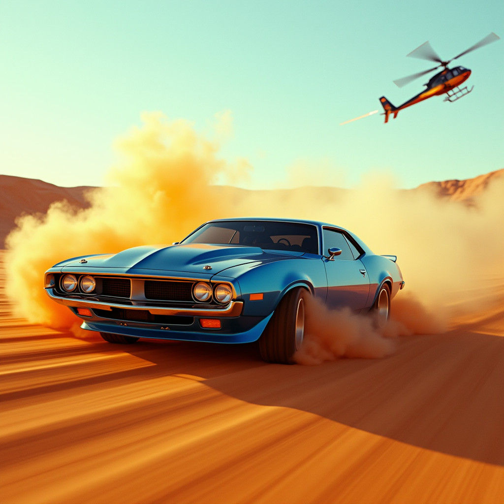 Blue Muscle Car Desert Chase in Film Style