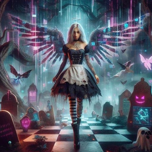 Cyberpunk Angel of Death in a Digital Wonderland
