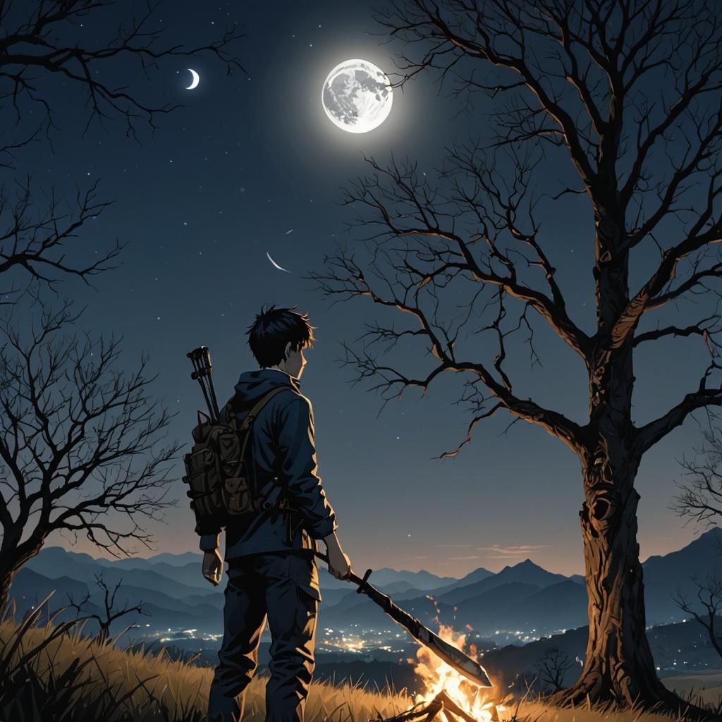 Boy with Weapon Under Moonlit Tree