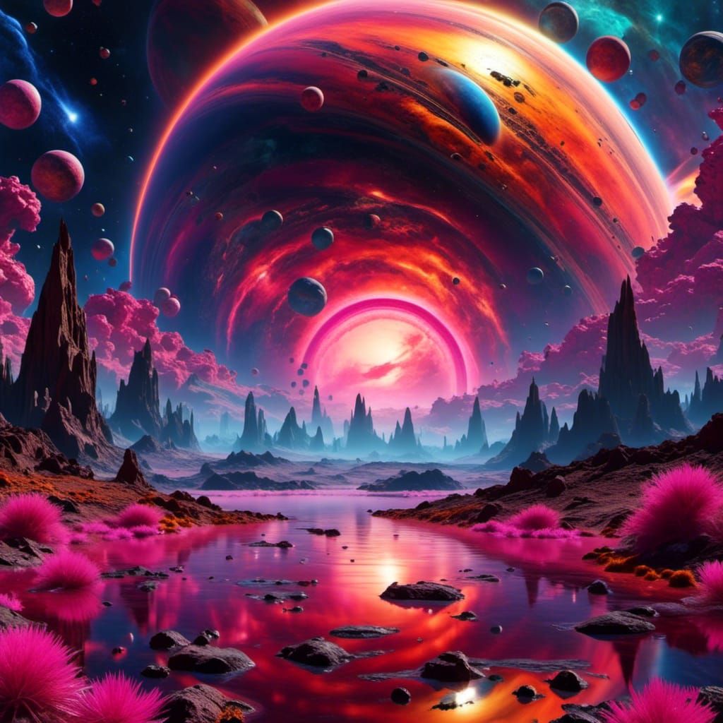 Vivid Pink Alien Planet with Cosmic Reflections